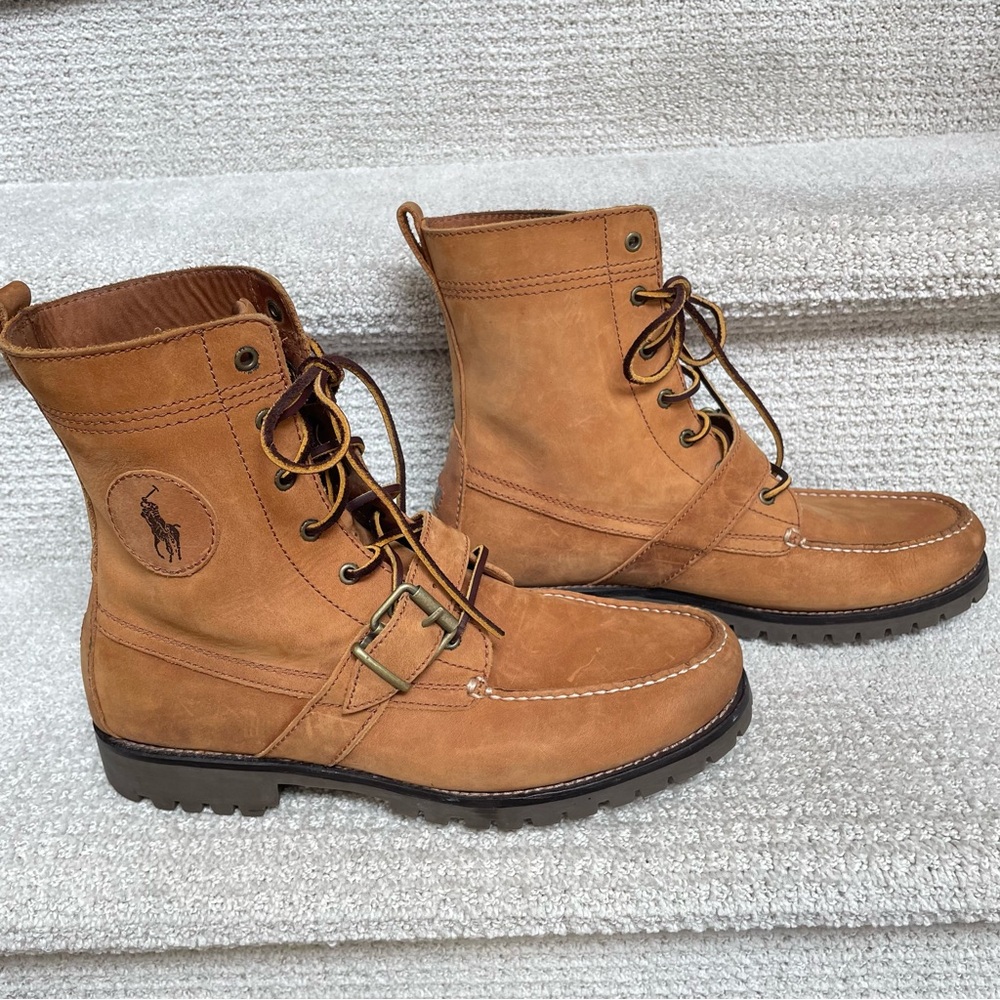 Polo Ralph Lauren Leather Ranger Brown Lug Sole Buckle Detail Lace Up Boots - Picture 3 of 11
